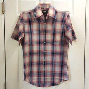 Vintage men's XKE small red, white and blue short sleeve shirt